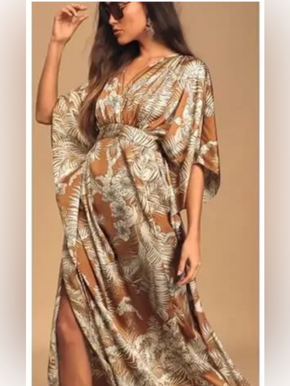 Bohemian Tan Floral Maxi Dress with Tie Waist